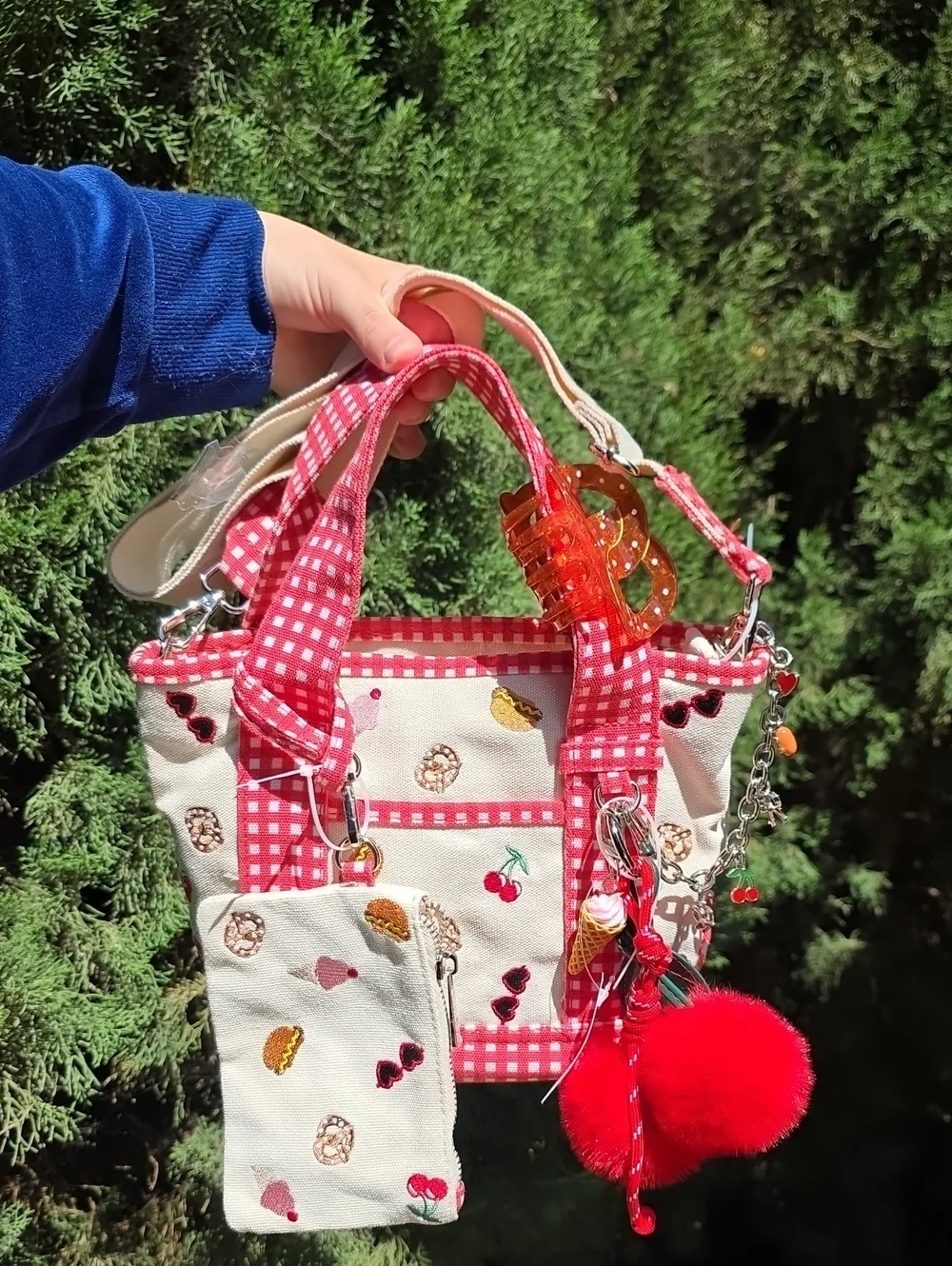 Stylish Red Gingham Tote with Cherry & Sweets Embroidery - Picture 1 of 10